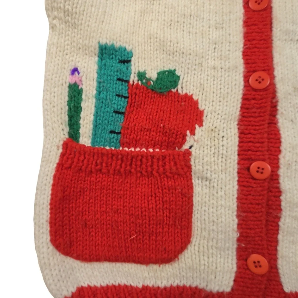 Vintage Hearts & Triangles Kids Knit Cardigan School Apple Embroidered Cream Red
